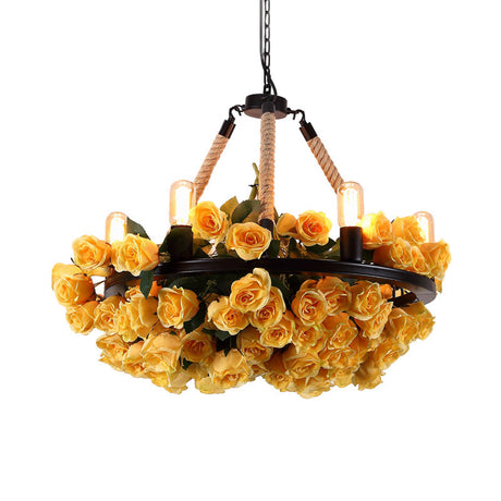 Azaleh - Circle Metal Ceiling Chandelier Loft Style 6 Bulbs Rope Pendant Lighting Fixture With