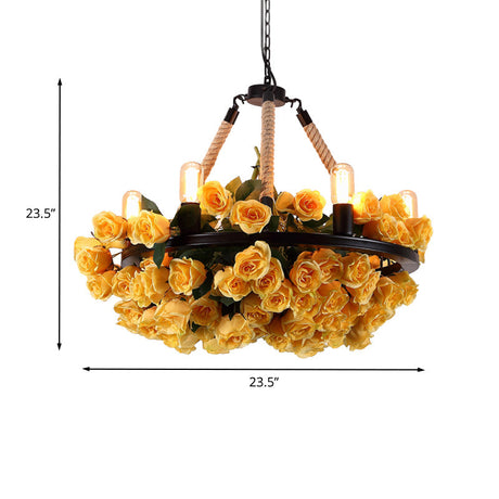 Azaleh - Circle Metal Ceiling Chandelier Loft Style 6 Bulbs Rope Pendant Lighting Fixture With