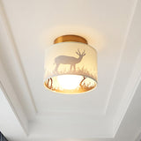 Traditional Brass Finish Semi Flush Mount Light With Elk/Leaf Pattern And Drum Shade
