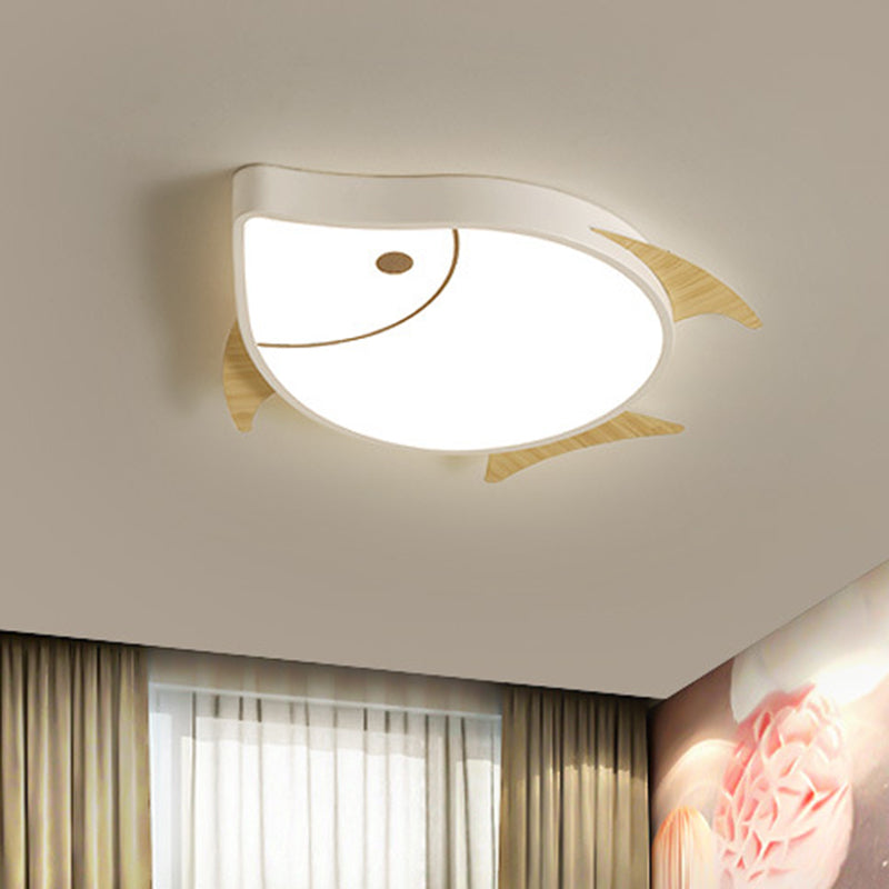 Kids Cartoon Fish Led Ceiling Lamp In White/Pink/Blue With Wood Accents White