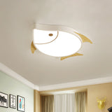 Kids Cartoon Fish Led Ceiling Lamp In White/Pink/Blue With Wood Accents