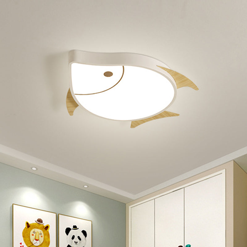Kids Cartoon Fish Led Ceiling Lamp In White/Pink/Blue With Wood Accents