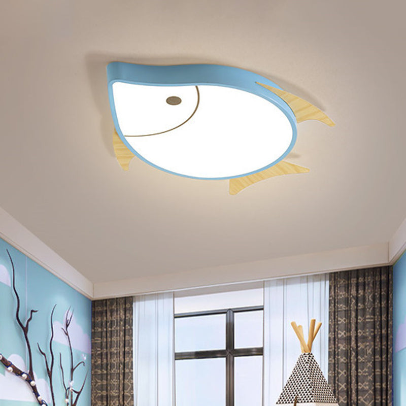 Kids Cartoon Fish Led Ceiling Lamp In White/Pink/Blue With Wood Accents