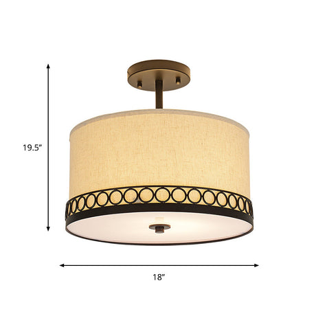 Traditional Drum Fabric Ceiling Light Fixture In Black For Bedroom Semi-Mount