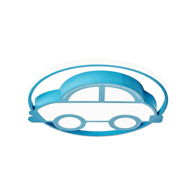 Car Shape Led Cartoon Flush Mount Lamp In Blue With White/Warm Light - Ideal For Bedrooms