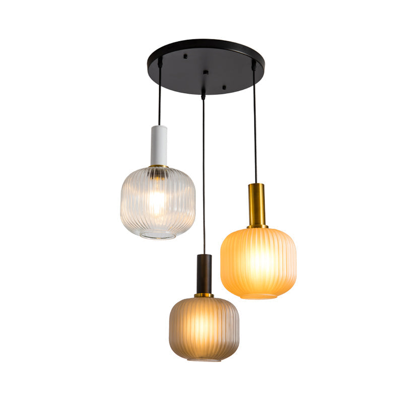 Contemporary Ribbed Glass Cluster Jar Pendant With Gold Suspended Lighting Fixture - 3 Lights