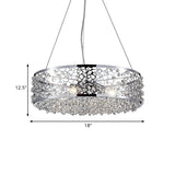Chrome Drum Pendant Chandelier With Crystal Encrusted Modern Design - 4 Lights