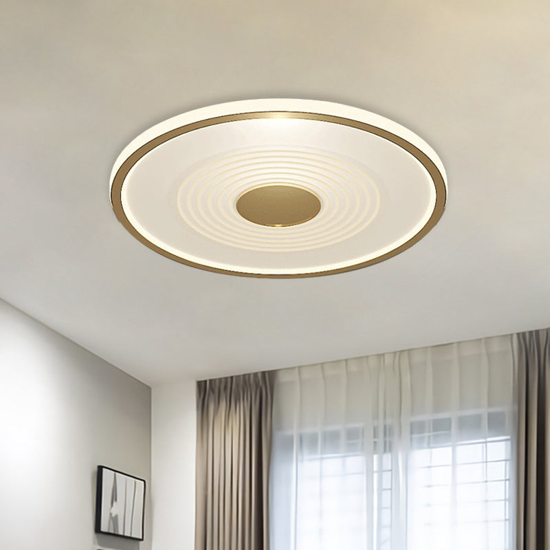 Minimalistic Led Flush Mount Lamp For Bedroom With White-Gold Finish And Acrylic Disc Shade - Warm