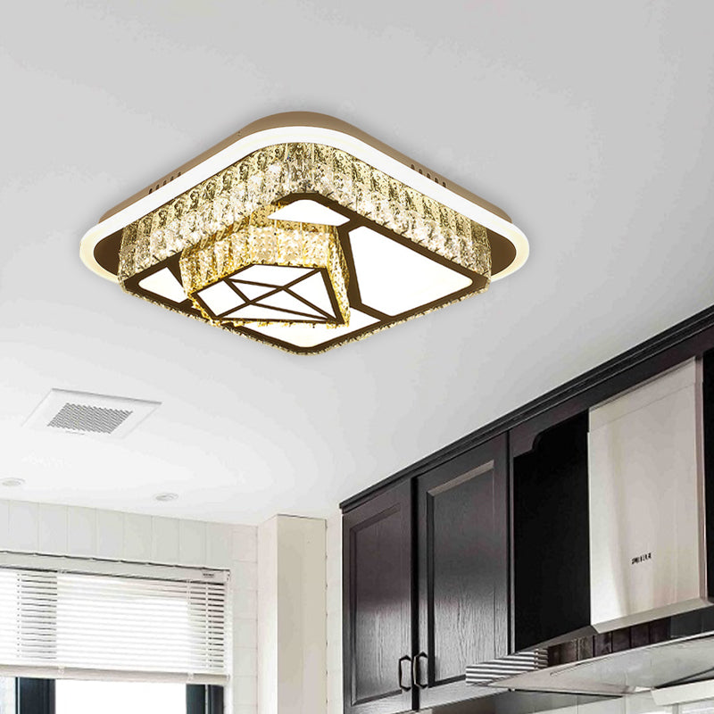 Crystal-Encrusted Led Flushmount Ceiling Light For Bedroom - Modernist White Square And