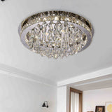 Modernist Nickel Led Ceiling Flush Light With Crystal-Encrusted Beveled Cut Circles And Drops