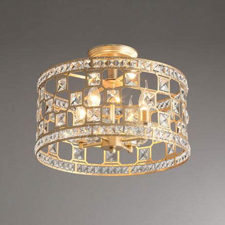 Vintage Gold Crystal Semi Flush Ceiling Light - Hollowed Drum Design 3/4 Heads Embedded Fixtures