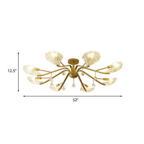 Gold Scalloped Shell Semi Flush Mount Crystal Chandelier - Countryside Parlor Ceiling Light
