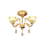 Classic Gold Lotus Crystal 3-Light Semi Flush Mount For Dining Room Ceiling Lighting