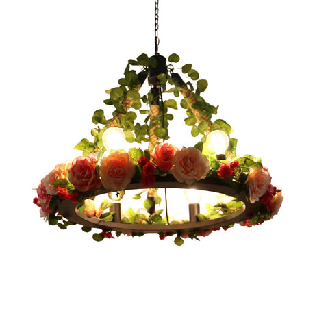 Aldhanab - Metal 6 Lights Exposed Bulb Chandelier Lamp Loft Style Black Pendant Light With Ring And