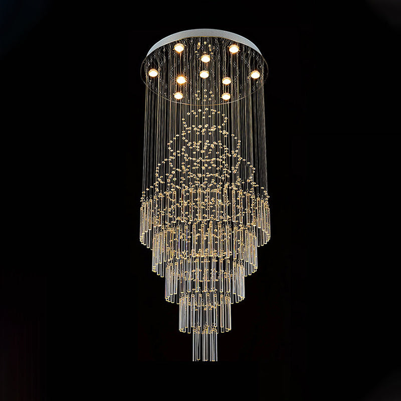 Modern Chrome Crystal Tube Ceiling Mounted Led Light- 4-Light Tiered Flushmount For Stairway