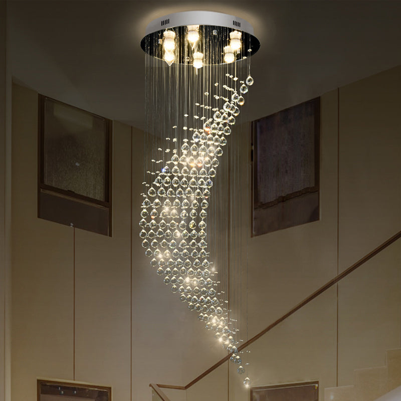 Modernist Crystal Draping Chrome Flush Light With 6 Bulbs - Crescent Shape Ceiling Mount Lamp
