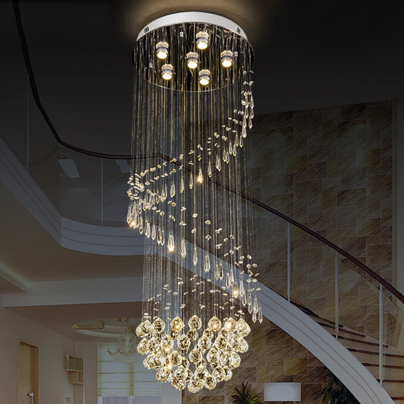 Contemporary Chrome Crystal Flushmount Chandelier - 6 Heads Coiled Ceiling Mount Light For Hall