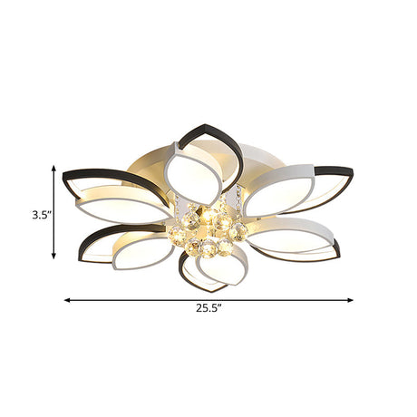 Petals Bedroom Led Ceiling Light With Nordic Acrylic Shade Crystal Ball Drop Black-White Finish