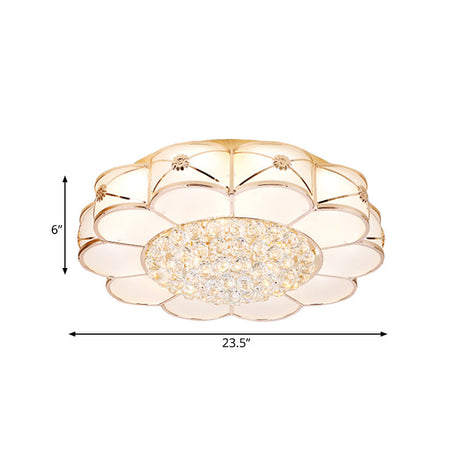 Stylish Gold Led Ceiling Light: Modern Frosted Glass Petals Fixture With Crystal Ball Drop
