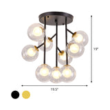 Modern Ball Semi-Mount Clear Glass Ceiling Lamp With Black/Gold Finish - 9/12 Heads Ideal For Living