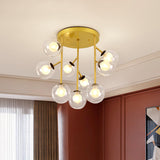 Modern Ball Semi-Mount Clear Glass Ceiling Lamp With Black/Gold Finish - 9/12 Heads Ideal For Living