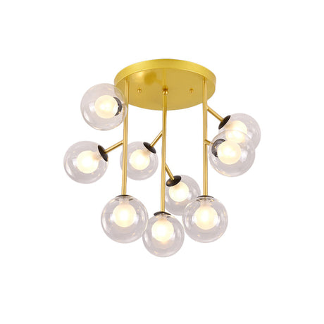 Modern Ball Semi-Mount Clear Glass Ceiling Lamp With Black/Gold Finish - 9/12 Heads Ideal For Living