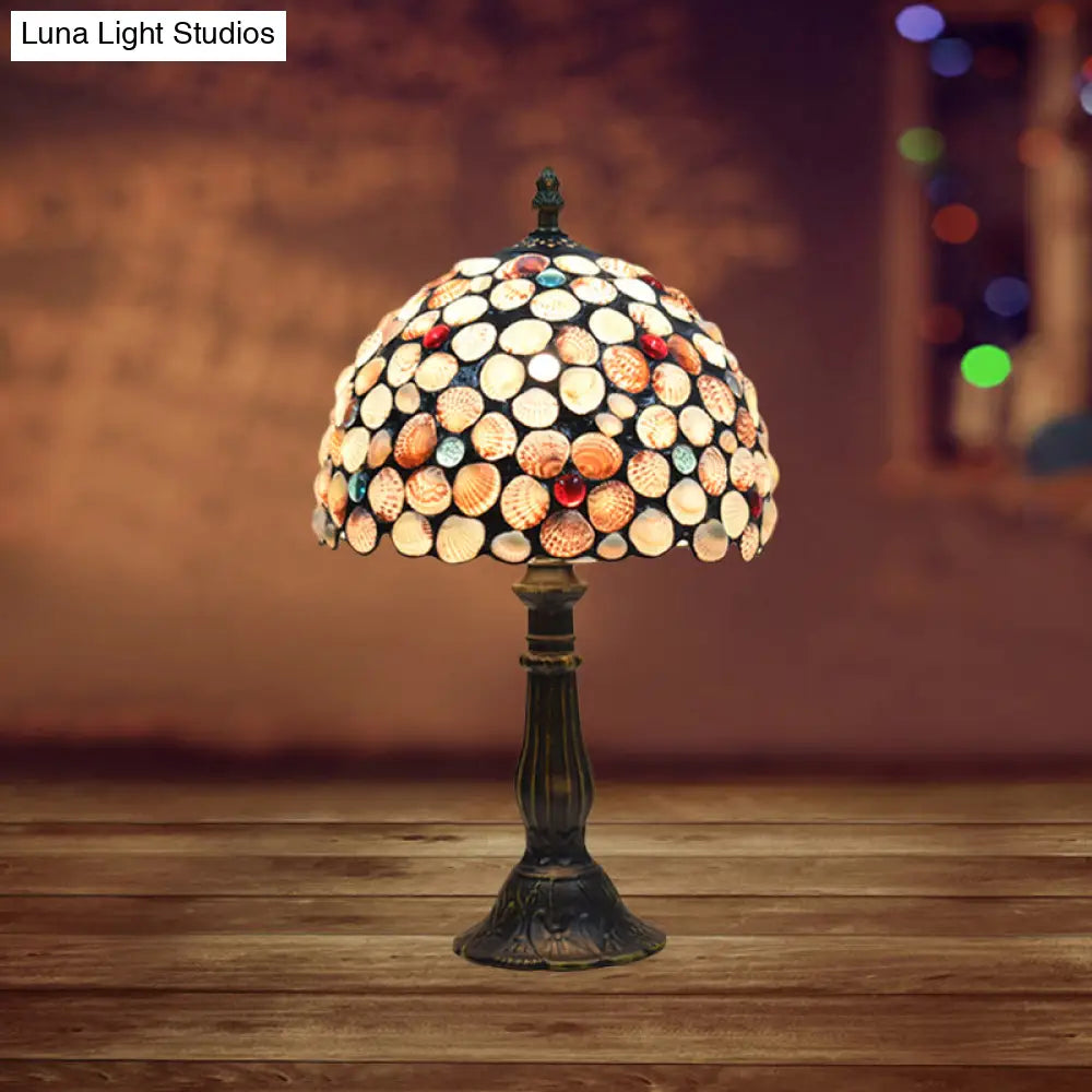 8/12 Wide Tiffany Style Bronze Shell Nightstand Lamp With Bowl-Shaped Design For Bedroom