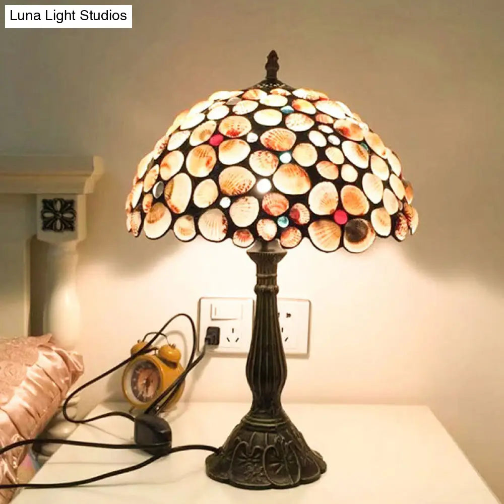 8/12 Wide Tiffany Style Bronze Shell Nightstand Lamp With Bowl-Shaped Design For Bedroom