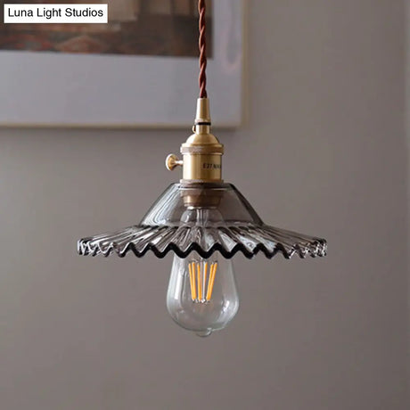 8.66 Industrial Brass Pendant Light With Scalloped Glass Shade For Coffee Shop