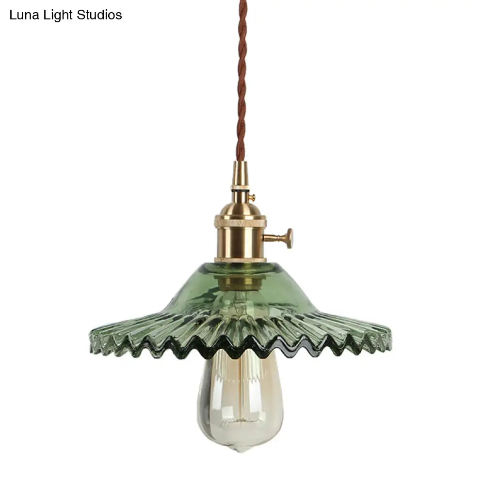 8.66 Industrial Brass Pendant Light With Scalloped Glass Shade For Coffee Shop