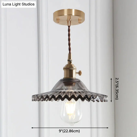 8.66 Industrial Brass Pendant Light With Scalloped Glass Shade For Coffee Shop