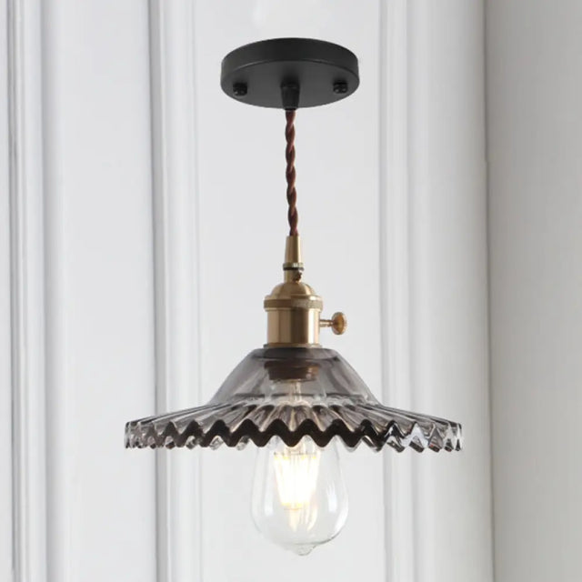 8.66 Industrial Brass Pendant Light With Scalloped Glass Shade For Coffee Shop Black / Smoke Grey