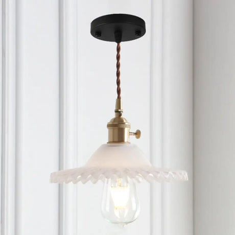 8.66 Industrial Brass Pendant Light With Scalloped Glass Shade For Coffee Shop Black / White