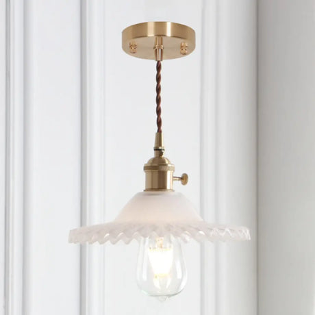 8.66 Industrial Brass Pendant Light With Scalloped Glass Shade For Coffee Shop / White