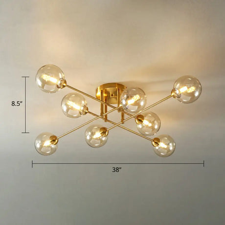 8-Head Parlor Semi Flush Light With Ball Amber Glass Shade Modern Ceiling Mounted Fixture Gold