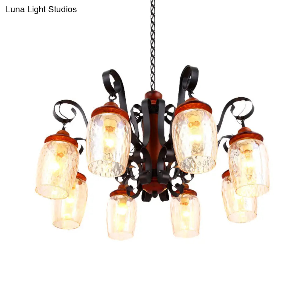 8-Light Antiqued Black Glass Chandelier - Curved Arm Pendant Light For Living Room Ceiling