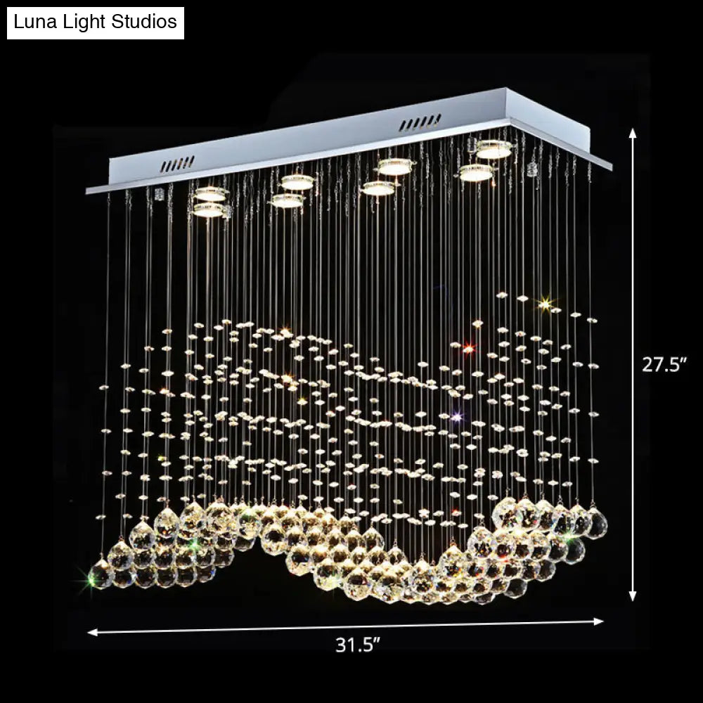 8-Light Wavy Ceiling Flush Mount With Stainless Steel Frame And Clear Crystal Orb Design