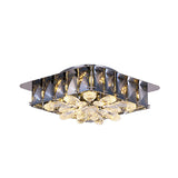 Mini Led Flush Light With Square & Flower Design Simple Amber Or Smoke Grey Crystal Ceiling Fixture