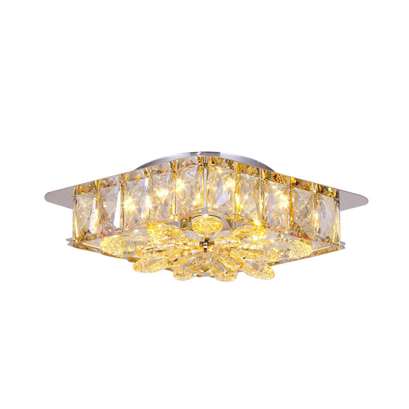 Mini Led Flush Light With Square & Flower Design Simple Amber Or Smoke Grey Crystal Ceiling Fixture