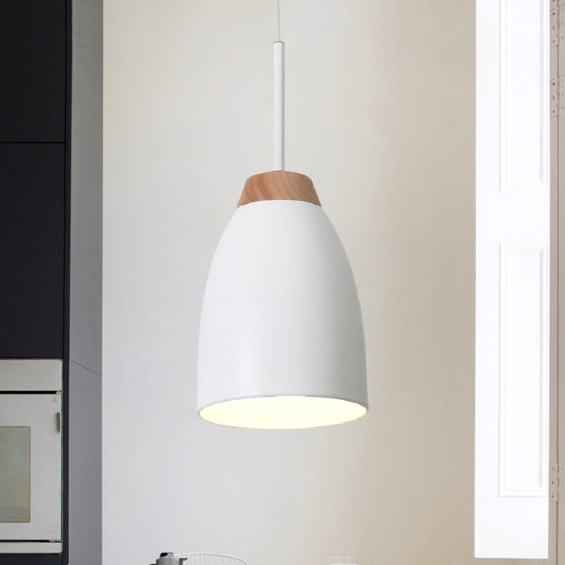 Bell Drop Pendant Light - Minimal Metal Fixture White/Black With Wood Accent Perfect For Table White