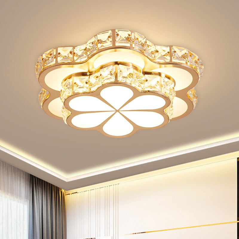 Contemporary Led Crystal Drum/Flower Corridor Flushmount Ceiling Light - White/Gold Finish White