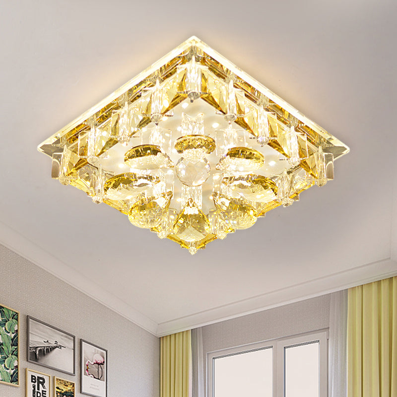 Contemporary Amber Crystal Flushmount Ceiling Lamp - Square Led Light Fixture For Stairs In