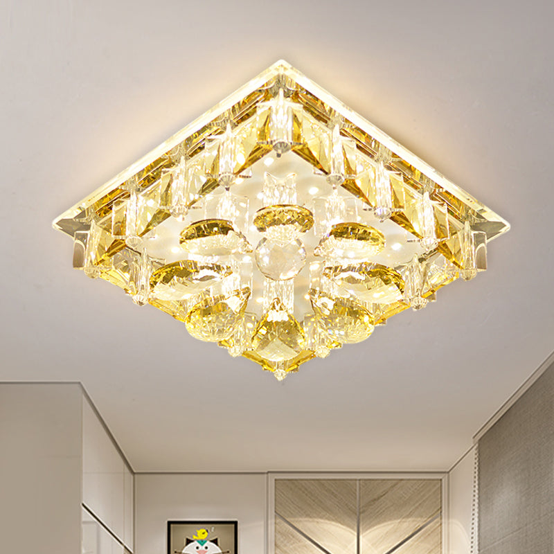 Contemporary Amber Crystal Flushmount Ceiling Lamp - Square Led Light Fixture For Stairs In
