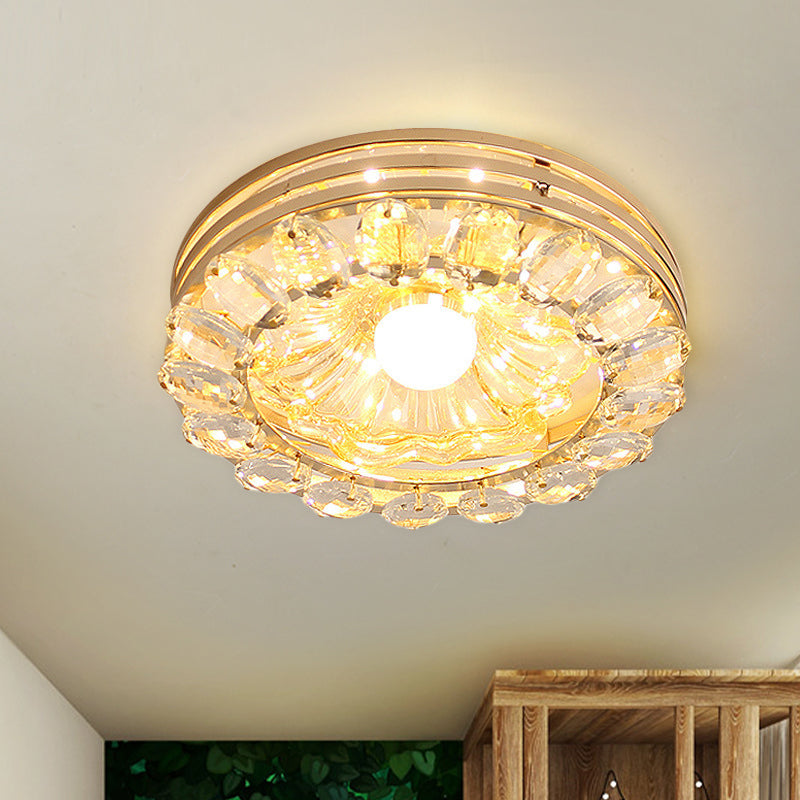 Gold Led Crystal Ceiling Lamp: Minimal Round/Square Design With Flower Shade