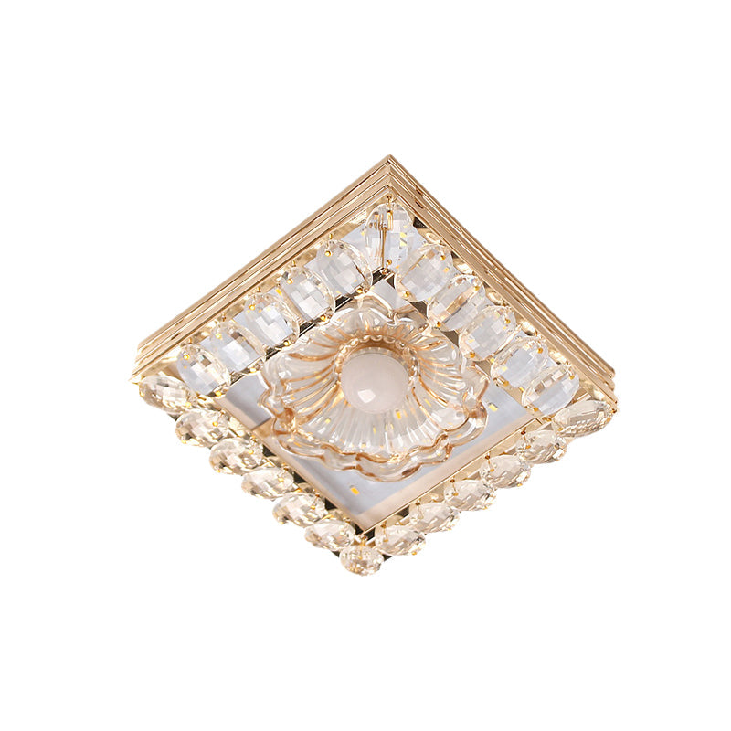 Gold Led Crystal Ceiling Lamp: Minimal Round/Square Design With Flower Shade