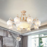 Rustic Floral Ceiling Light With White Glass Shades - 7/9/11 Head Semi Flush Mount For Living Room