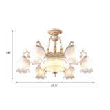 Rustic Floral Ceiling Light With White Glass Shades - 7/9/11 Head Semi Flush Mount For Living Room