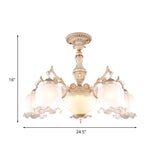 Rustic Floral Ceiling Light With White Glass Shades - 7/9/11 Head Semi Flush Mount For Living Room