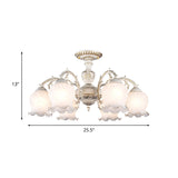 Rustic White Glass Flower Semi Flush Mount Light Fixture With 3/5/6 Bulbs For Living Rooms