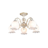 Rustic White Glass Flower Semi Flush Mount Light Fixture With 3/5/6 Bulbs For Living Rooms